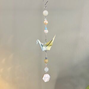 Origami Ornament #2404 - Small Crane with Stone and Shell Beads